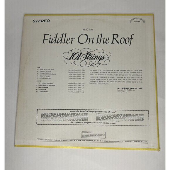Fiddler On The Roof 101 Strings LP Vinyl Record Vintage Music - Picture 4 of 4